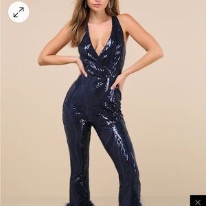 Sequin V-Neck Jumpsuit - Navy